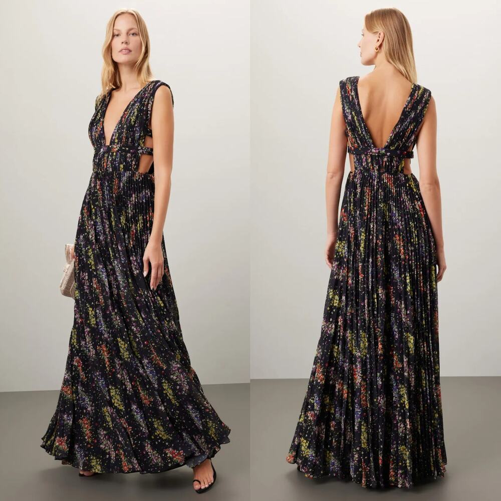 AMUR Valentino Gown Floral Confetti Sleeveless Deep V-Neck Maxi Dress Black 2